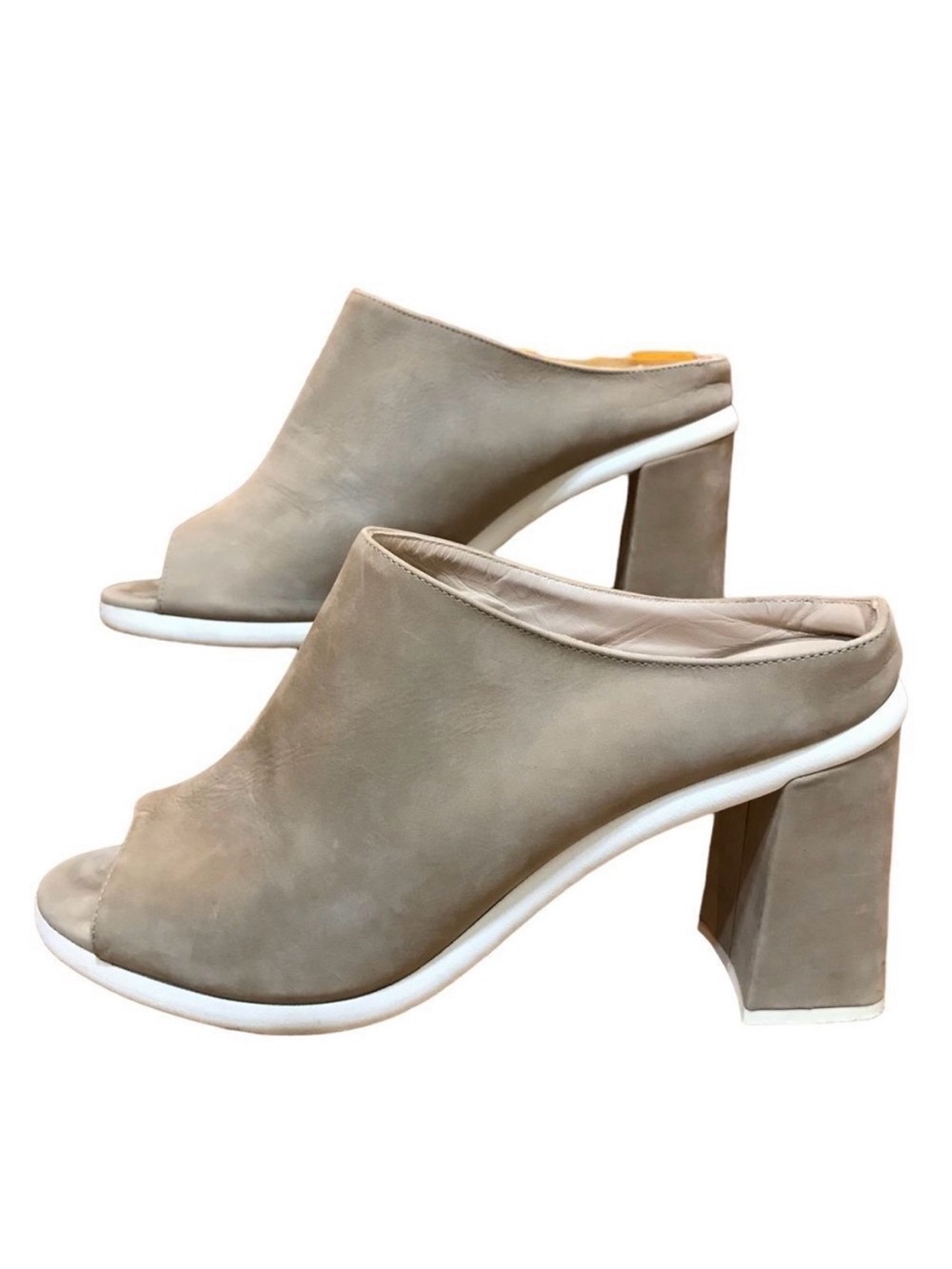 Dee Keller Tan Suede Mules Taupe Italian Chunky Sandals Peep Toe Block Heels